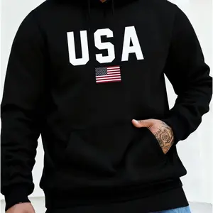 Men's Black Hoodie with USA Flag and Text Print, Casual Streetwear for Everyday Wear and National Pride Display