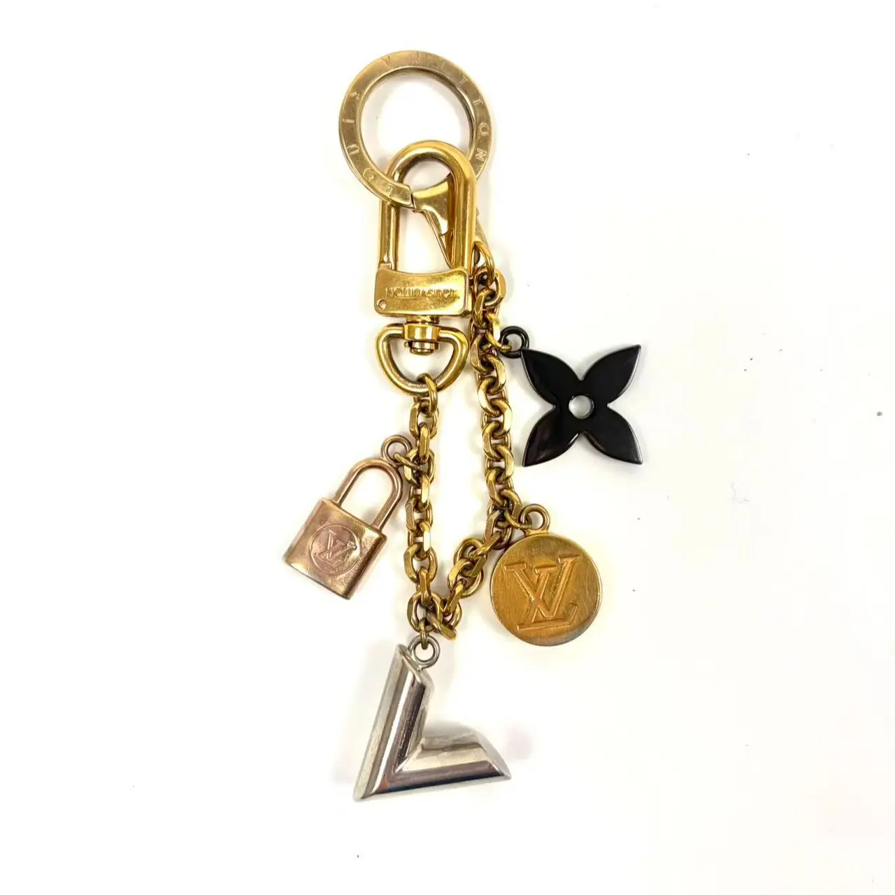 Pre-owned Louis Vuitton metals Bag Accessories LV Keychain with Gold Tone Chain and Charms Including Lock and Monogram Pendant