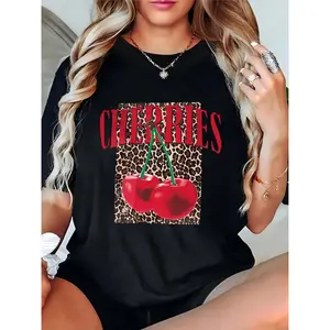 Women's Black Leopard Cherry Graphic T-Shirt, Casual Summer Tee with Cute Red Cherries & Leopard Print, Fashionable Ladies' Top for Daily Wear, Shopping, Gatherings 100% Cotton T-shirt