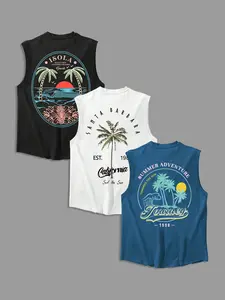 Men's Letter & Palm Tree Print Round Neck Tank Top, Regular Fit Casual Graphic Top for Summer, Men's Clothes for Daily Wear, Streetwear Tank Vest, Menswear
