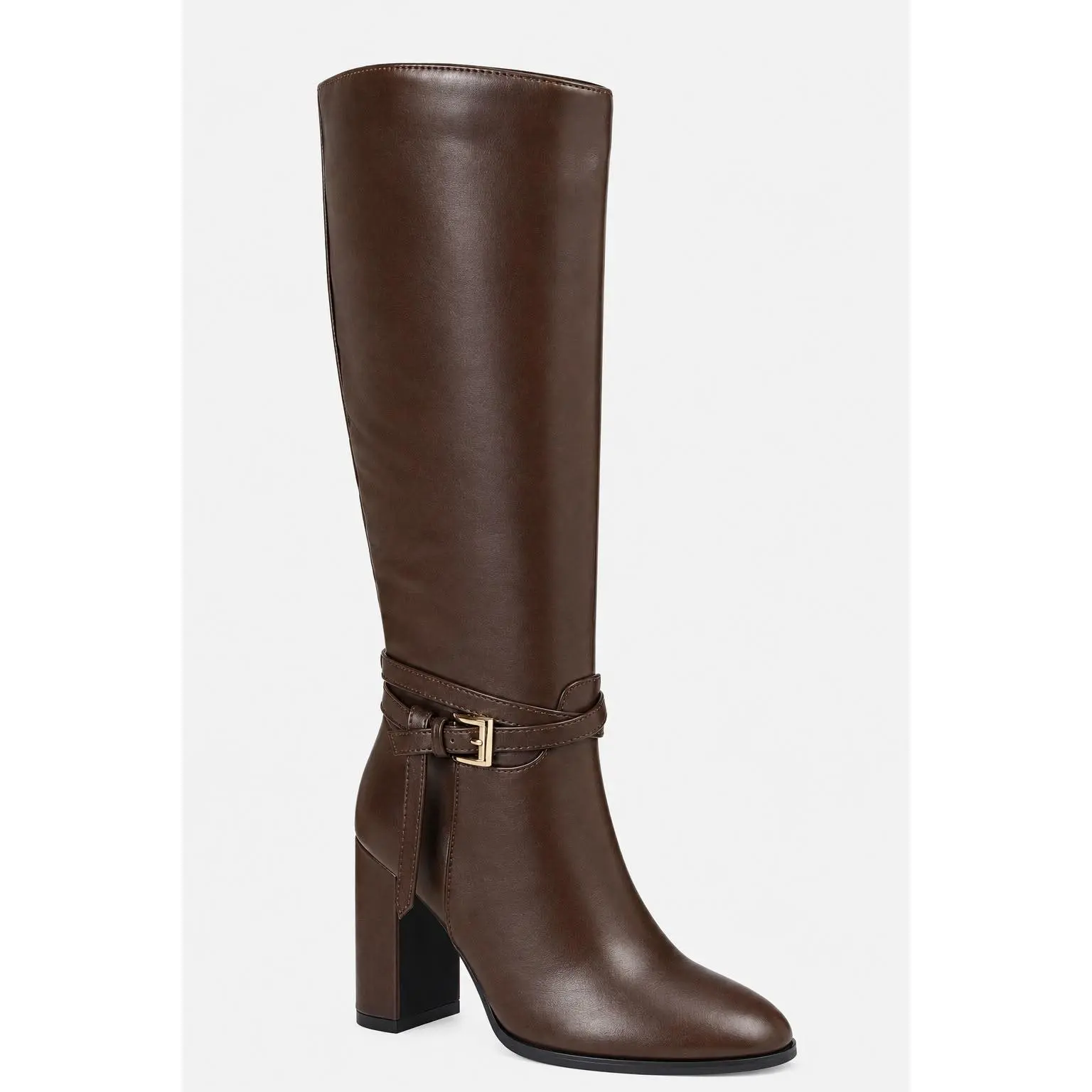 Dark Chocolate Brown Leather Knee High Boots with Round Toe, Chunky Block Heel & Gold-Tone Buckle