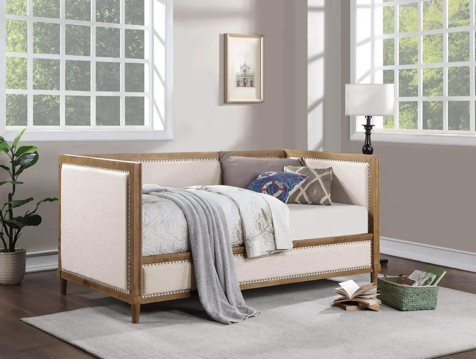 FOA Chiron Upholstered Daybed - Light Oak Frame, Beige Fabric with Nailhead Trim - French Country-Inspired Classic Bed for Reading Nook, Classic Beds