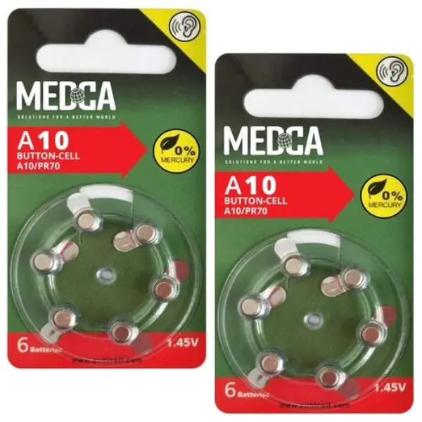 MEDca A10 Batteries - 12 Count Pack - 1.45V Zinc Air Yellow Tab Battery Button Coin Cell Batteries for Hearing Aids and Hearing Amplifiers, 10, P10, PR70, or ZL4