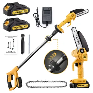 Cordless 2-in-1 Pole Saw, 6-Inch Brushless Mini Chainsaw with Pole Extension, Handheld Electric Chain Saw with 2 x 2000mAh Batteries for Tree Limb Pruning (Yellow)