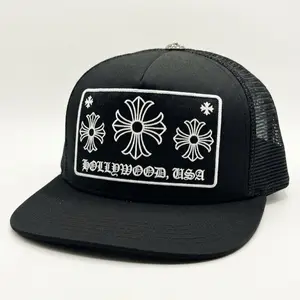 Black Trucker Hat with White Patch Design and Mesh Backing for Men