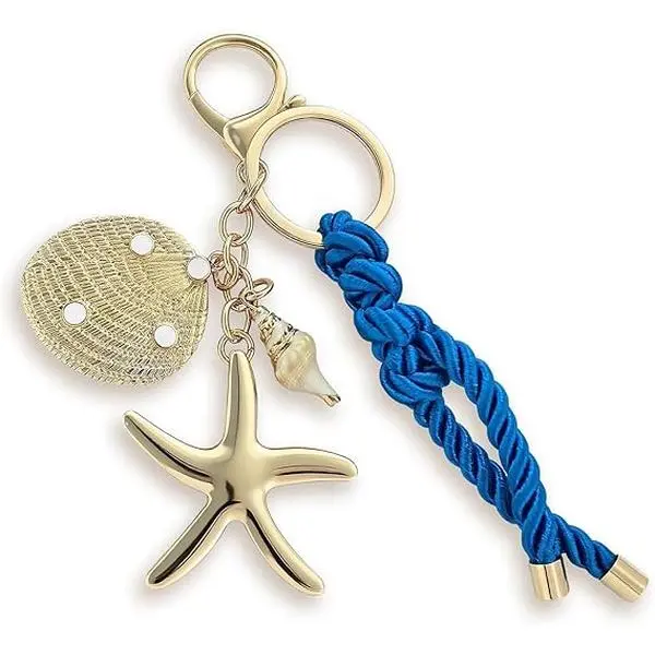 Bohemian Keychain Bag Charm with Gold Starfish Shell and Blue Braided Tassel, Casual Coastal Jewelry Accessory for Women, Beach, Colorful Tassels, Bohemian Look, Coastal Theme, Nautical, Portable, Everyday, No, No Warning Applicable