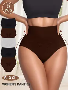 5 Pack Breathable High Waist Thong Panties, Ice Silk Seamless Shapewear, Summer Thin Lightweight Anti-Roll Edge, Comfortable Underwear for Women