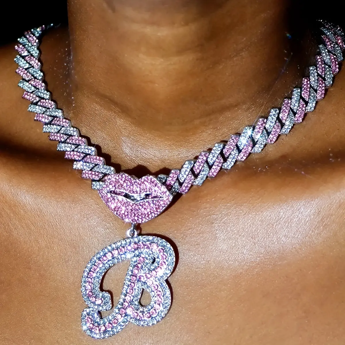 Hip-hop 26 Initial Letter Pendant with Cuban Chain Necklace for Men And Women Y2K Pink Jewelry Gift for Cool