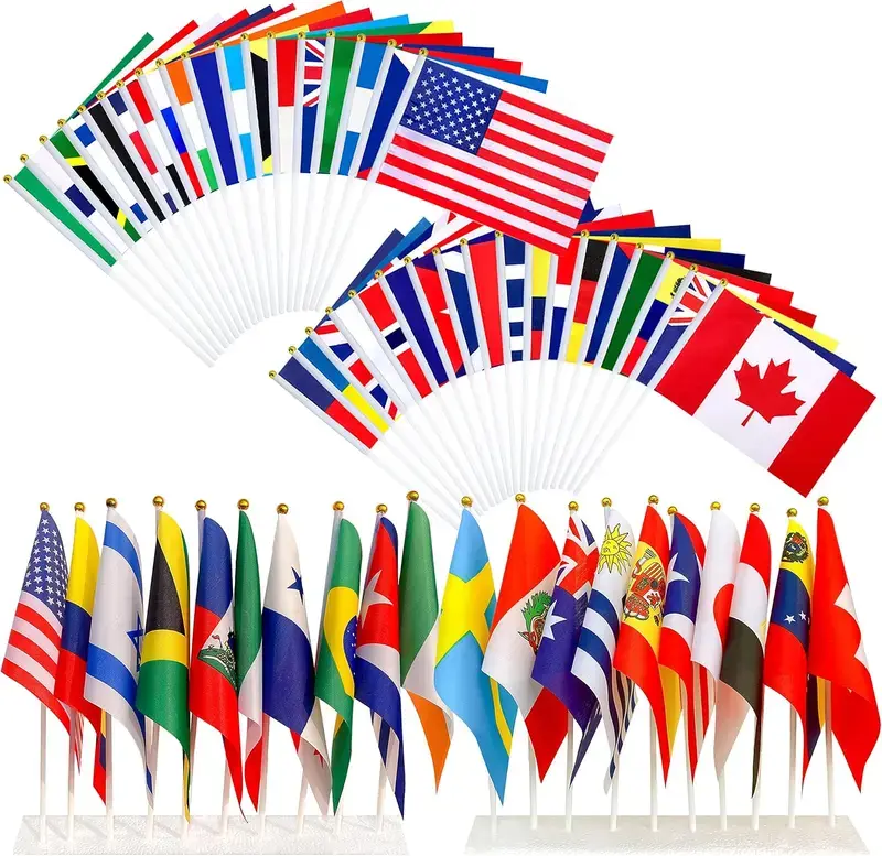 Mini International Handheld Flags - Waterproof, Lightweight Polyester Flags with Sticks, Multipurpose Decor for Parties, School Events, Flag, Sports
