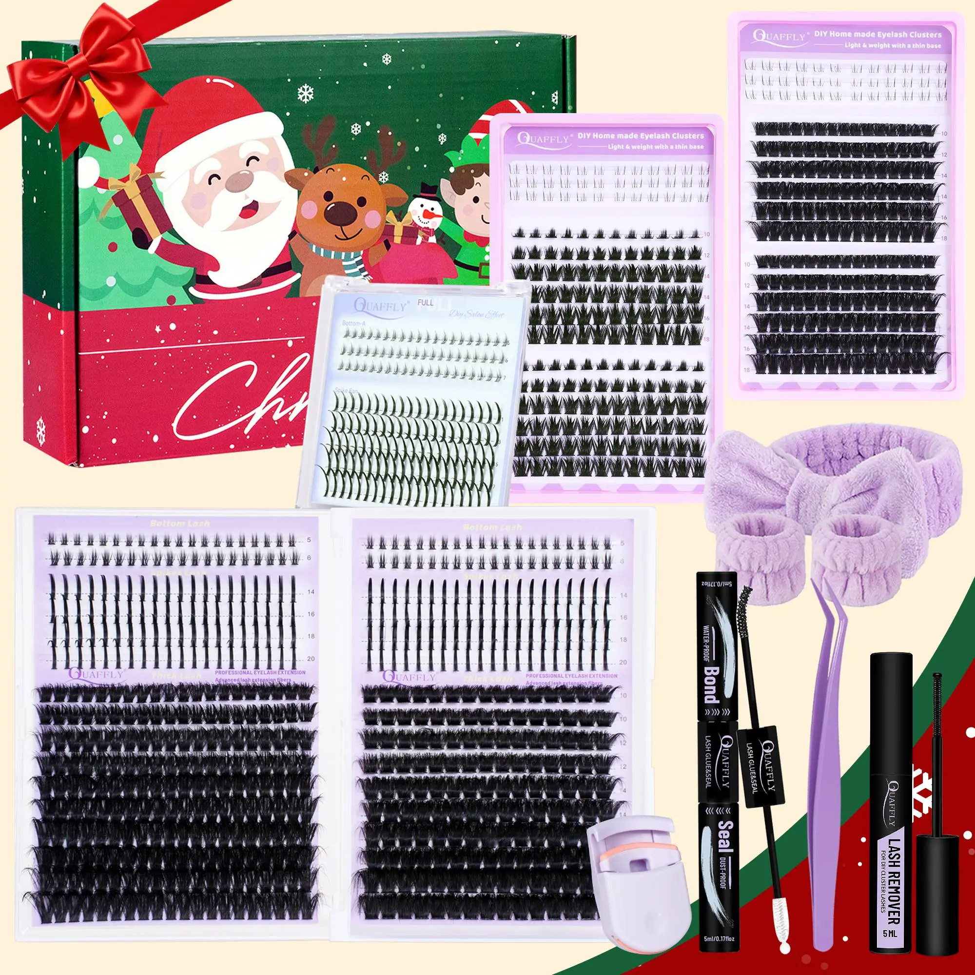 Christmas Lash Extension Kit 1146Pcs Individual Lash with Spikes and Bottom Lash Clusters Volume Manga DIY Individual Kit With Lash Bond and Seal Remover Tweezers Lash Curler  Headband Wristband For DIY At Home Eyelash Extension Tweezers