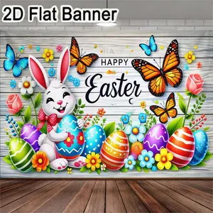 2D flat banner, 1pcCheerful cartoon white rabbit Easter backdrop, perfect for festive celebrations, Easter parties, spring-themed decorations, photography props, indoor/outdoor events, home, garden, and patio decor. Includes vibrant colors, decorat