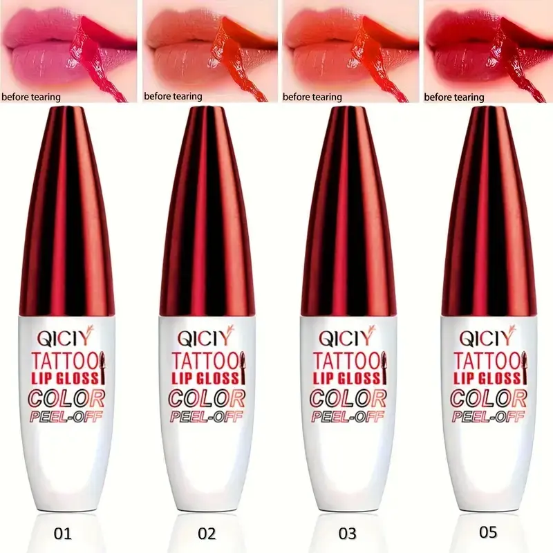 4-Color Tattoo Tear off Glossy lipstick, natural Moisturizer , not easy to peel off, non stick to the cup, lightweight, bright Valentine's Day color Hydrate care cosmetics