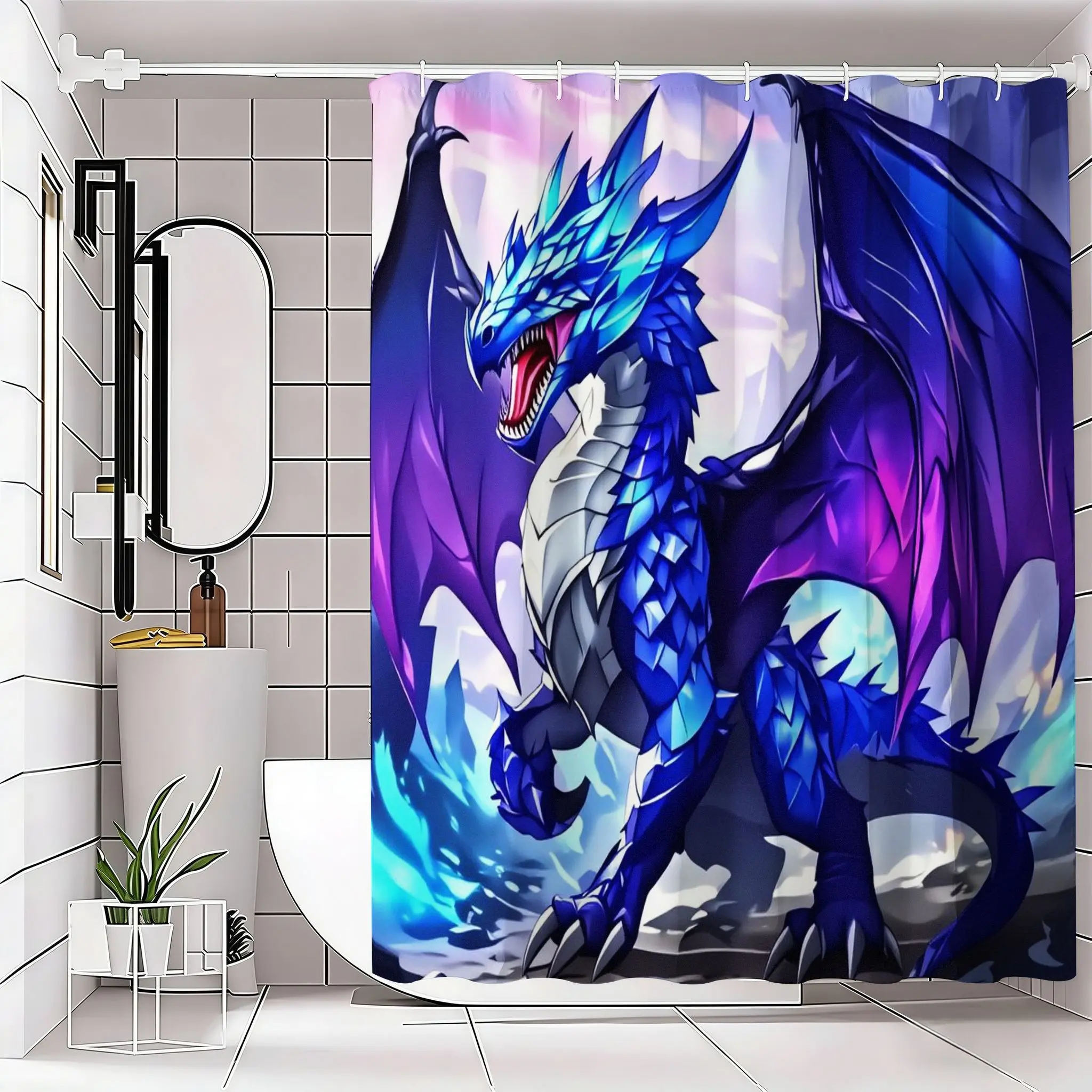 Vibrant Dragon Shower Curtain, Electric Blue & Deep, Dramatic Metallic Scales, Bold Bathroom Decor, Fantasy Design