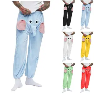 Men’s Funny Elephant Flannel Long Pants — Casual, relaxed fit, warm sleeping pants, breathable, tie-foot trousers; boys’ home clothes/pajamas fabric loungewear