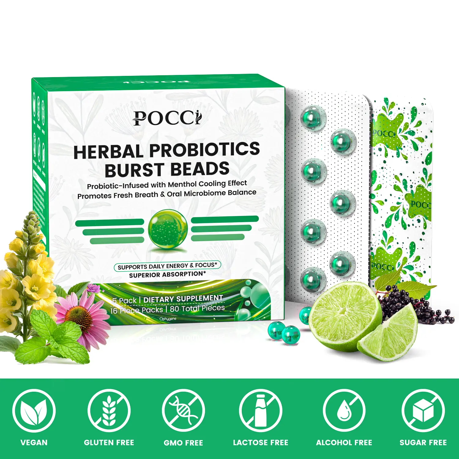 Pocci Herbal Probiotic Burst Beads with Mullein & Thyme - Gluten-Free, Alcohol-Free Daily Supplement for Adults, Cleansing Oral Care & Body Health, Respiratory/Throat Maintenance, Airway Comfort, 80 Beads Multi-Pack