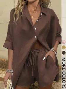 2 Piece Women's Summer Linen Feel Loose Set, Womenswear Brown Button Down Shirt & Shorts Lounge Outfit Loungewear, Cloud Soft, Night In Essential, Sleep Comfort, Soft Stretch, Relaxation Wear, Casual Homewear