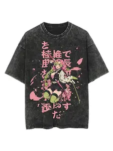 Anime Demon Killer Kanroji Mitsuri Printed T-shirt for Men and Women, Short Sleeved Retro Washed Harajuku T-shirt, Oversized Shirt, Casual Sports Loose and Comfortable Round Neck Short Sleeved Fashionable Top