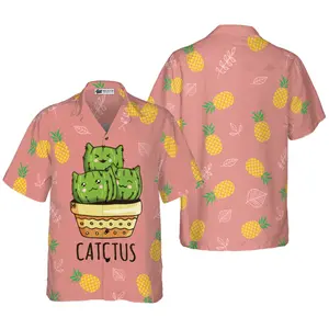 Cactus & Pineapple Hawaiian Shirt, Short Sleeve Casual Button Down Shirts Summer Beach Shirt, Tropical Floral Shirt