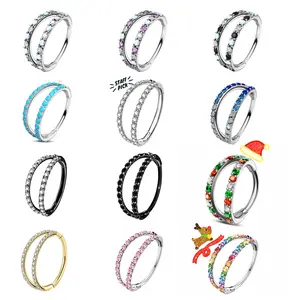 Oufer 20G AAA+ Grade CZ Hinged Double Row Nostril Piercing Nose Ear Hoop Ring 316L Stainless Steel 5mm-12mm Inner Diameter Cubic Zirconia Jewelry
