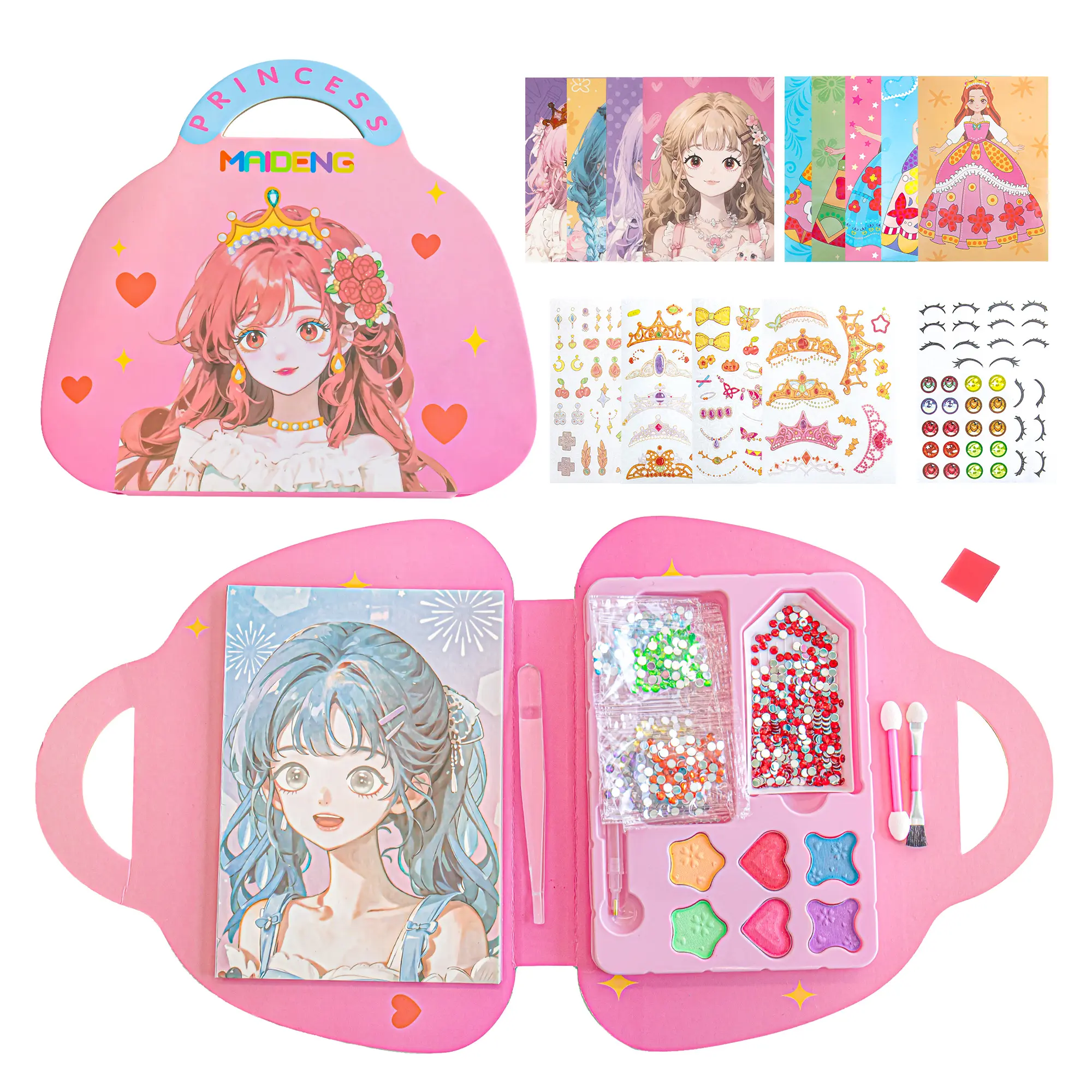 Leven Princess Makeup Kit for Girls - 3-in-1 Diamond Art & Sticker Craft Set, Pretend Play + Fashion Designer Styling Activity, Travel-Friendly Little Gift Set for Kids Ages 4-12, Little Gift Set For Girls