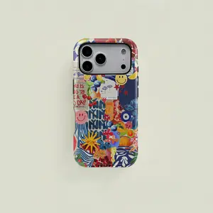 This retro-style blue and red fruit sunflower smiley face patchwork protective case is a durable 2-in-1 case suitable for iPhone 17/16/15/14/13/12/11 Pro Max/Plus/Pro and Samsung Galaxy S25/S24/S23 Ultra series. It features a simple and stylish design.