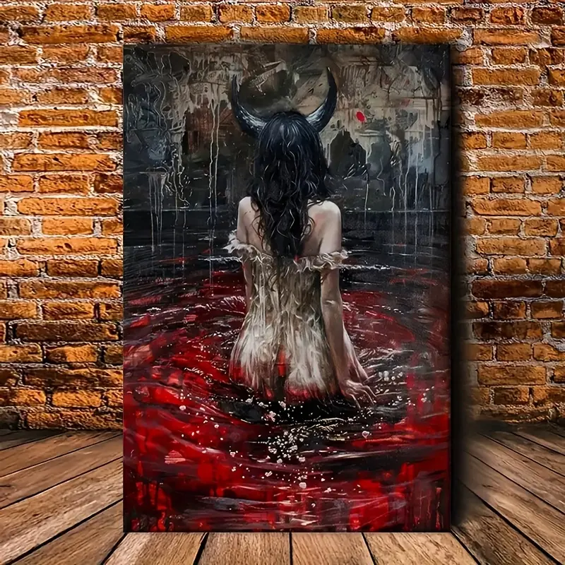 Gothic Demon Girl Canvas Wall Art - Vintage Rustic   with  , Ideal for Home, Bedroom, Office, or Dorm Room  , Gothic Home