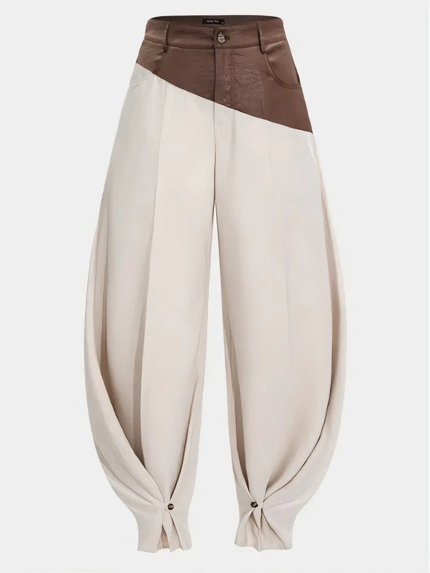 Faux Leather Ruched Patchwork Barrel Trousers