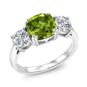 Gem Stone King 925 Sterling Silver Green Peridot and Lab Grown Diamond Engagement Ring For Women | 3.45 Cttw | Cushion 8MM | Gemstone August Birthstone