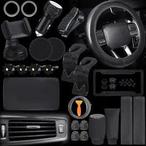 46-Piece Shiny Car Accessories Set for Women Leather Steering Wheel Cover Seat Belt Cover Diamond Ring Stickers Rhinestone Cup Holder USB Adapter Flower Air Vent Clip (Black)