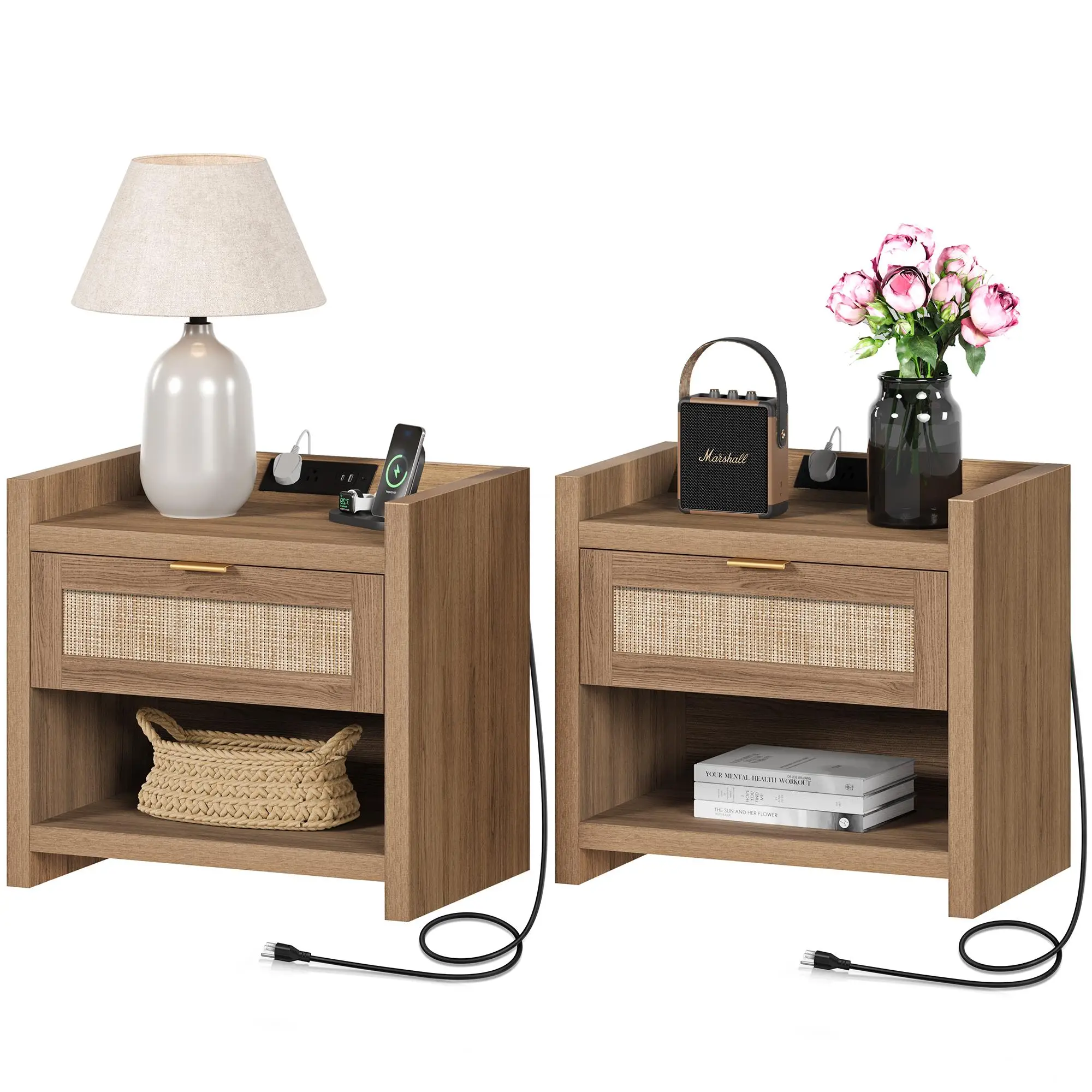 SICOTAS Night Stand Bed Side Table Set of 2- Rattan Nightstand with Type-C Charging Station, Drawer Storage End Table - 15.4" x 23.6" x 22.1" Size Boh