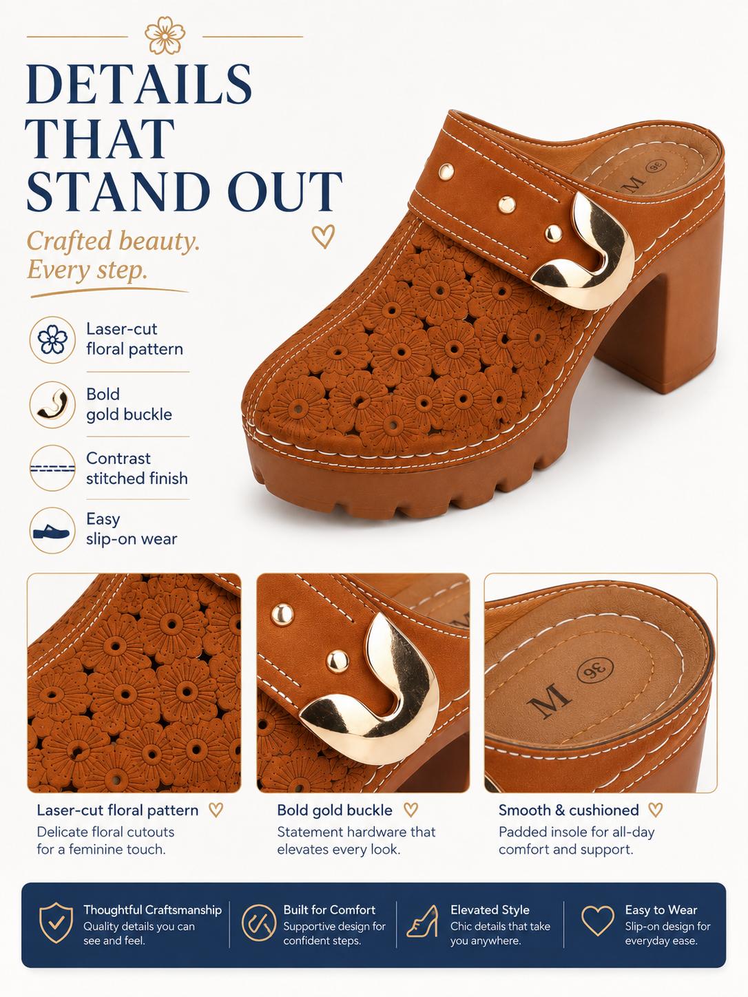 Elegant Platform Mules with Floral Cutout Upper Statement Gold Buckle & Stable Block Heel Stylish Comfy Confident