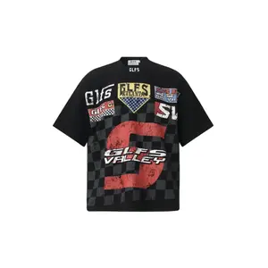 Men's Vintage  Racing Patchwork Print Cotton Oversized Short Sleeve American Streetwear T-Shirt