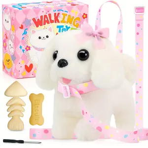 Babywendy Plush Interactive Puppy Toy Electronic Walking Barking Dog, Tail Wagging Action with Leash And Bow, Perfect Gift for Easter, Christmas, And Birthday Celebrations