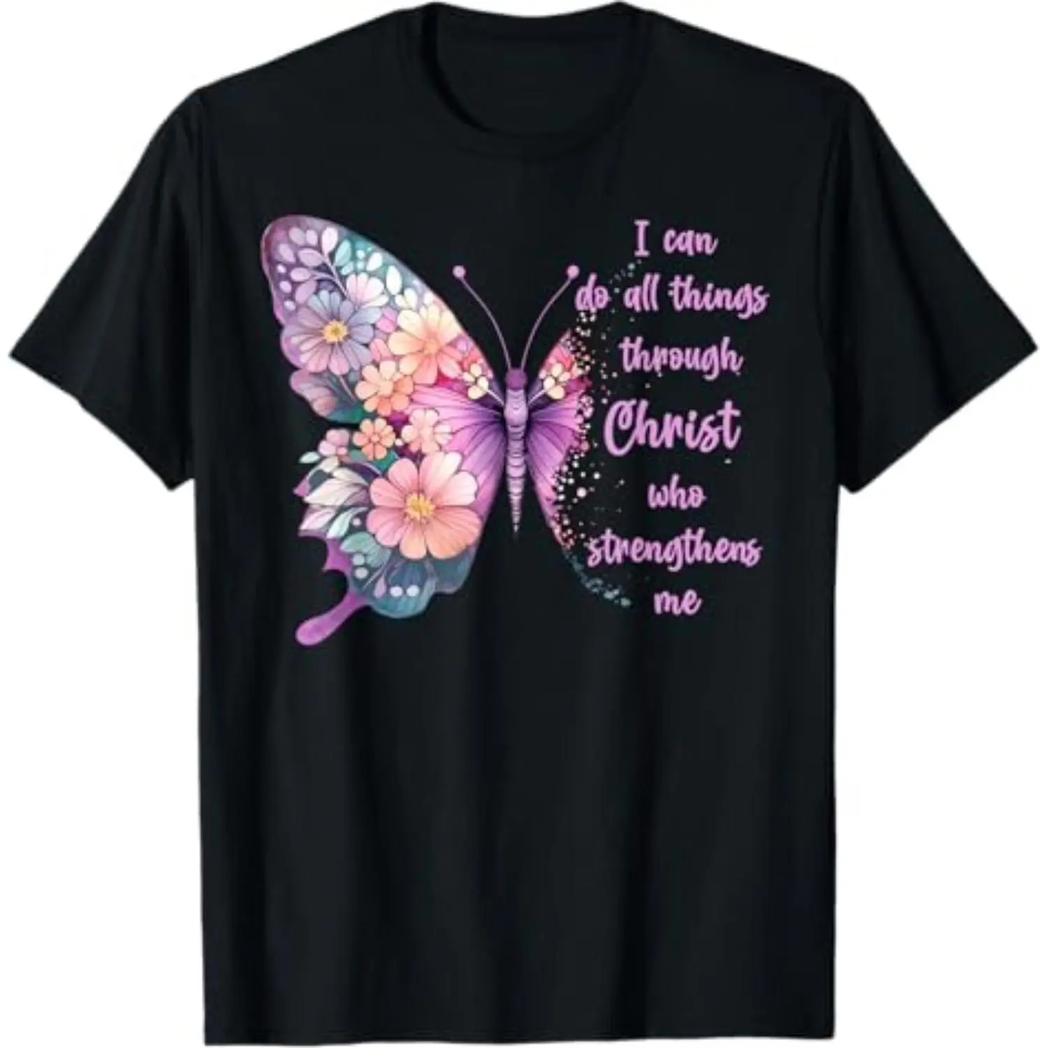 Men's Casual Short-Sleeve Streetwear Top, Inspirational Christian Jesus Shirt with Butterflies Design, Unisex Adults Black Size 1