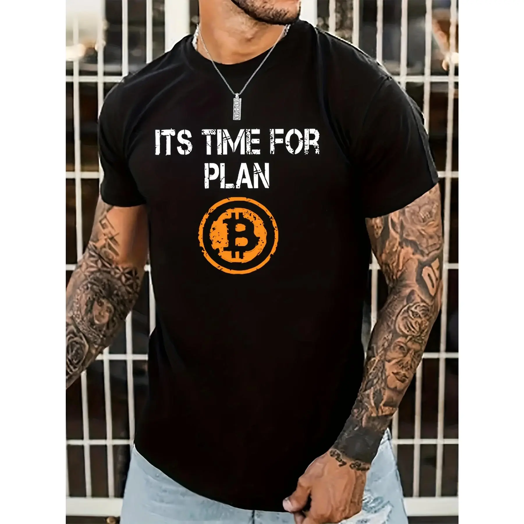 Men's Bitcoin Graphic Print T-Shirt, Casual Streetwear Round Neck Top in Stretch Polyester, Regular Fit Short Sleeve for Spring & Summer, Shortsleeve, Tshirt, Fabric, Crew Neck, Menswear, Geometric