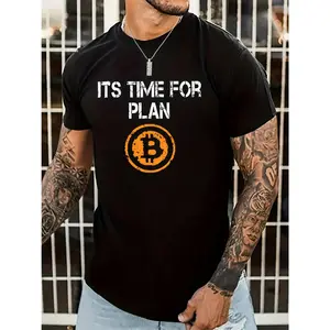 Men's Short-Sleeve Stretch Polyester Knit Fabric Streetwear Bitcoin Graphic Round Neck Tee, Casual Crew Neck, Machine Washable, Ideal for Spring & Summer