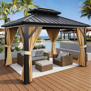10x12 FT Hardtop Gazebo, Heavy-Duty Aluminum Frame Patio Gazebo with Double Roof, Privacy Curtains and Mosquito Netting, All-Weather Metal Canopy Shelter for Patio, Garden & Poolside