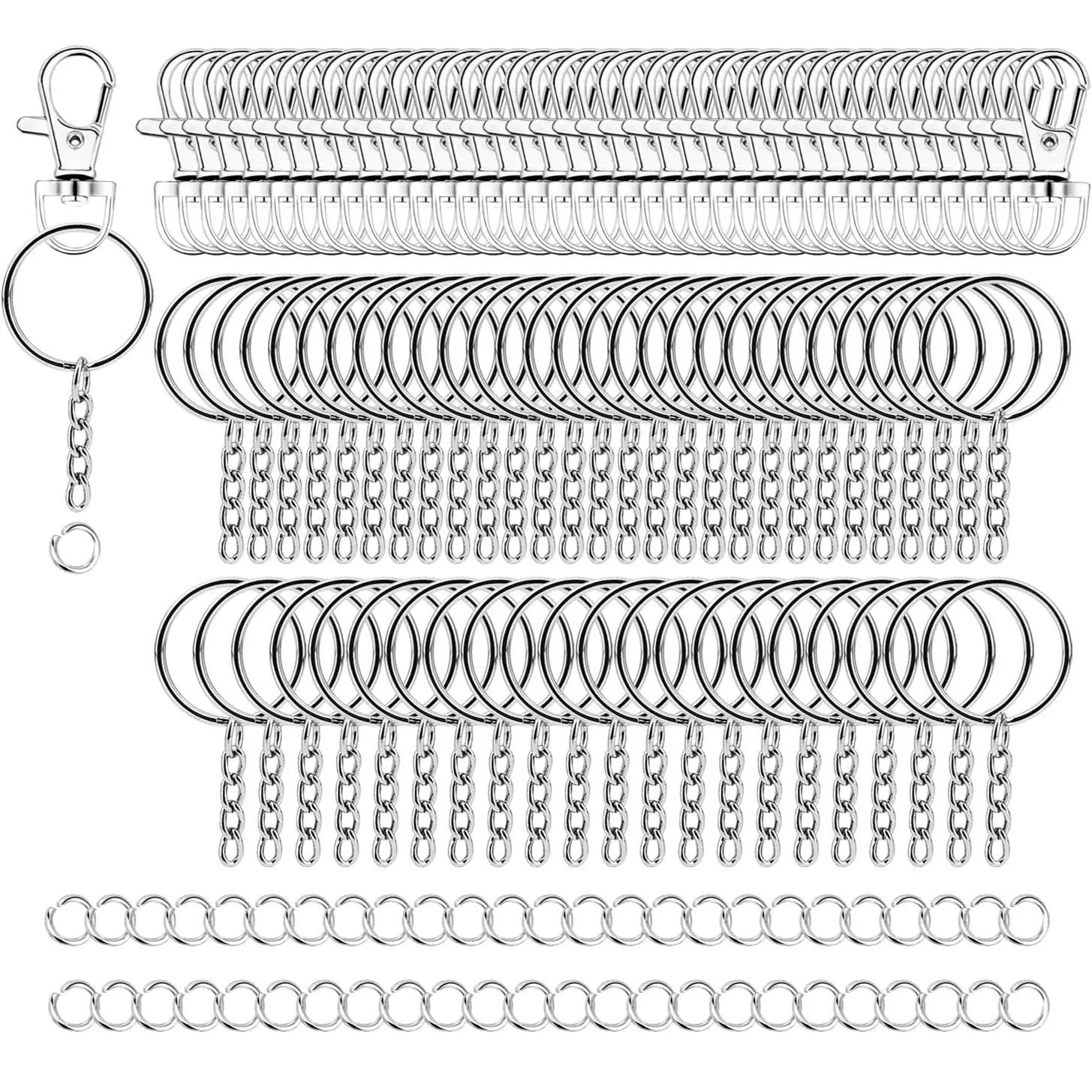 Keychain Hardware Kit, 150-Piece Alloy Metal Set with 360-Degree Swivel Clasps, Key Rings with Chains, and Open Jump Rings for DIY Lanyards and Jewelry Making, Keychains