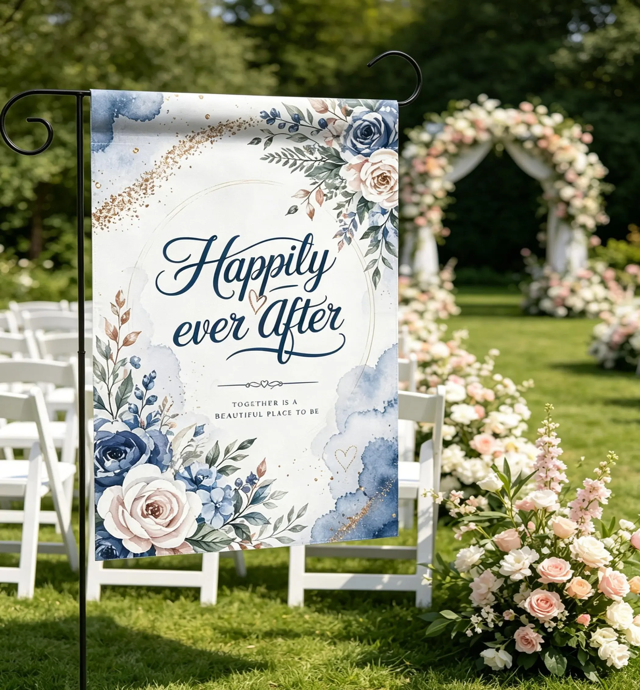 Watercolor Blue & Pink Floral Wedding Garden Flag - Elegant "Happily Ever After" Yard Sign for Modern Romantic Weddings