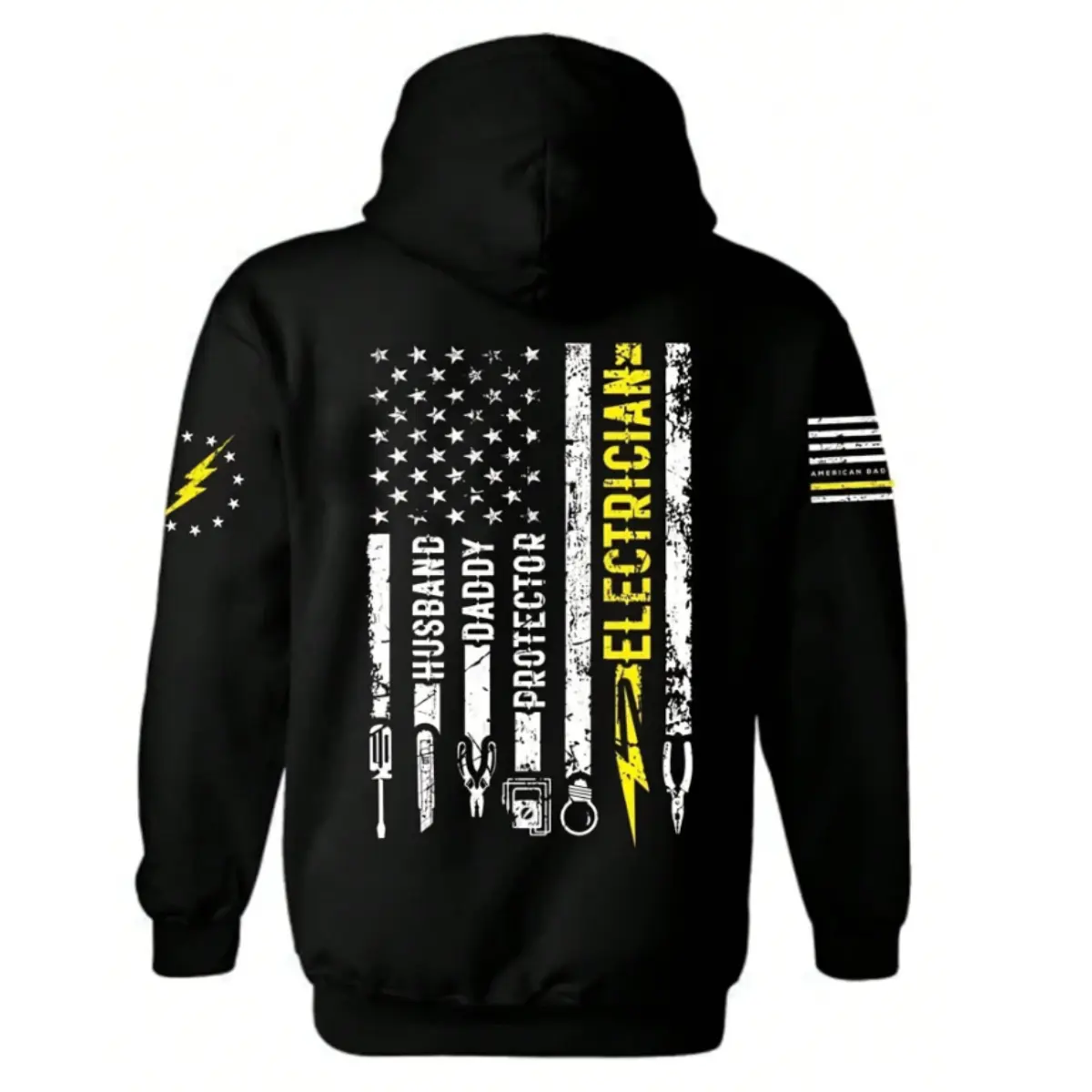 Mens Electrician Hoodie – Distressed American Flag with Tools Husband Daddy Protector Design – Unisex Warm Work Pullover Ideal Gift for Electricians Tradesmen Fathers Day and Proud Working Dads
