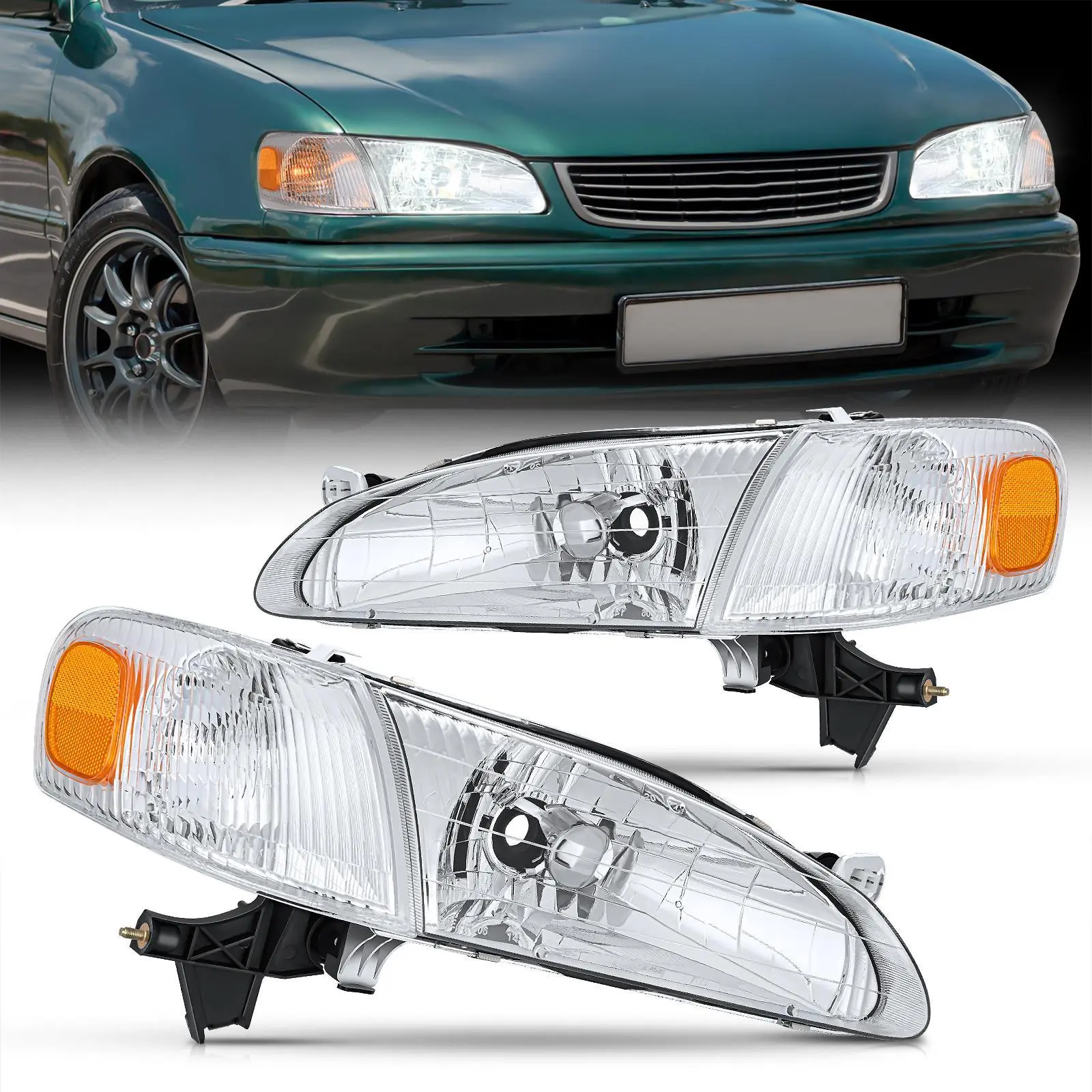 Nilight Headlight Assembly Compatible with 1998 1999 2000 Toyota Corolla Chrome Housing Amber Reflector Upgraded Clear Lens Headlights Replacement Driver and Passenger Side, Auto Parts Accessories