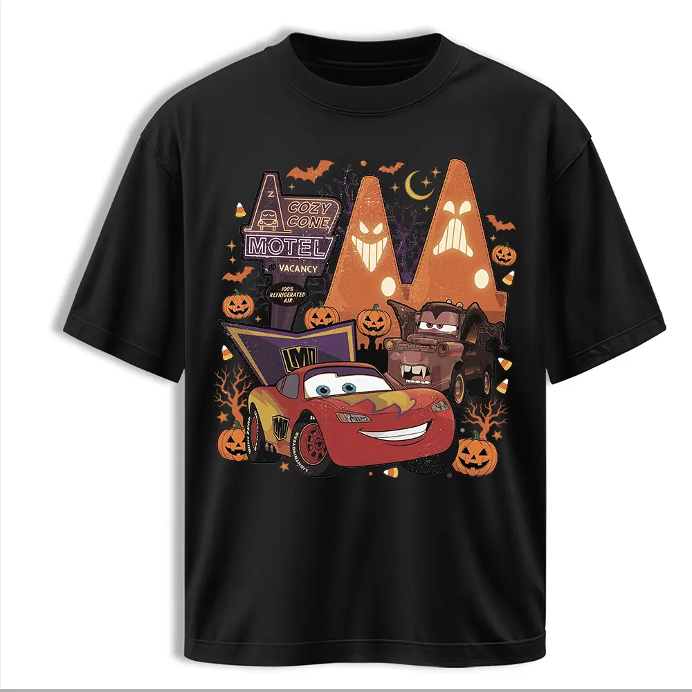 Retro Racing Cartoon Graphic T-Shirt, Cute Car Character Tee, Halloween Pumpkin Theme Shirt, Casual Unisex Graphic Top