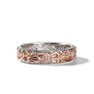 Jeulia Floral Ring Band Sterling Silver Two Tone Leaf Carved Vintage Unique Hollow Flower Rose Gold Jewelry Engagement Wedding Bridal Sets Stackable Anniversary Promise with Gift Box