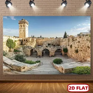 1pc 2D Flat Jerusalem Backdrop Polyester Fabric Old City Jerusalem Backdrop - in/in/in, Vibrant Historic Stone Arch & Minaret Design for Holiday Parties, Spring Celebrations, Room Decor, Holiday