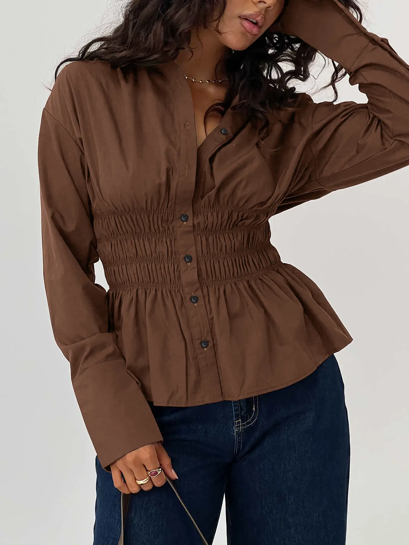 Women's Casual Long Sleeve Shirt Blouse, Waist Cinching Slimming Design, Wrinkled Style, Perfect for Everyday Wear, Ladies Fashion Top, Fitted, Womenswear, Casual Blouse Shirts, Fashion Casual Clothing