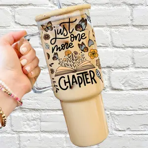 Just One More Chapter Glass Cup with Lid and Straw - Aesthetic Drinkware with Bamboo Lid, Booktok Large Iced Coffee Mug, Bookish Gift