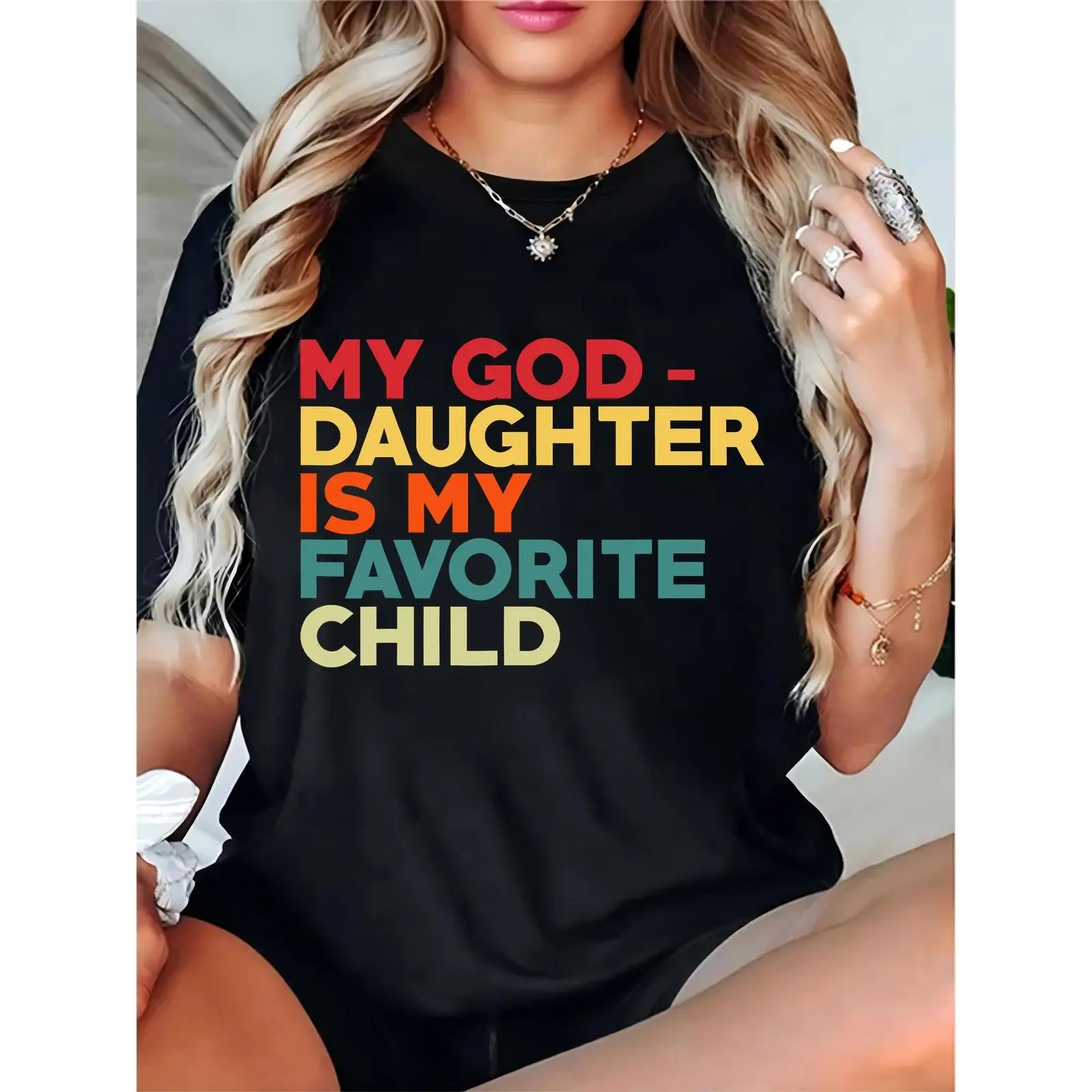 Women's Funny "My Goddaughter Is My Favorite Child" T - Shirt, Casual Short Sleeve Top for Moms/Goddmothers, Ideal for Family Gatherings & Mother’s Day Gifts