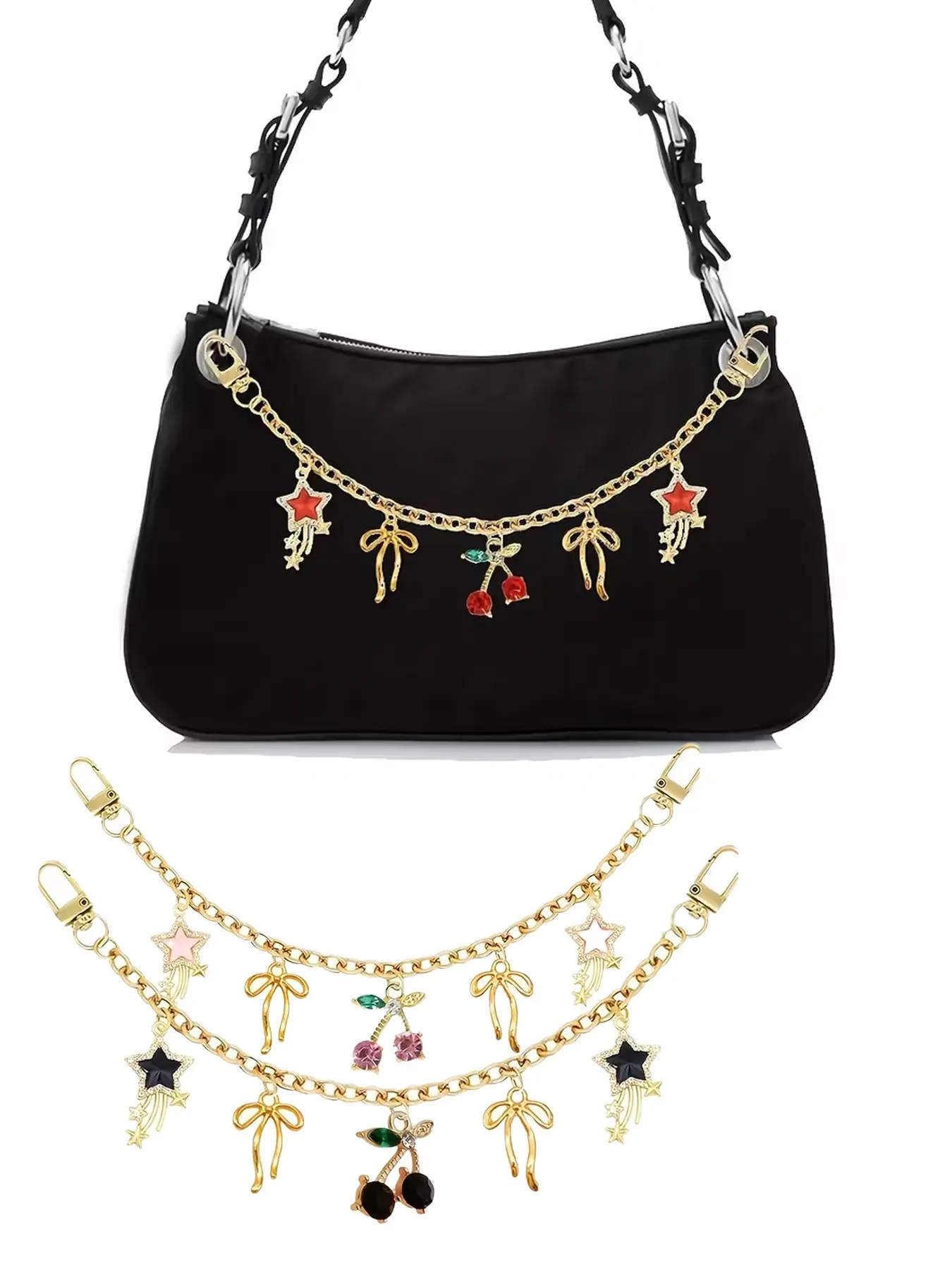Sweet And Cool Tassel Star Cherry Bag Charm With Removable Metal Decorative Chain, Bag Charm And Bag Extender Chain, Charms For Bags, Charms For Purses, Suitable For Underarm Bags And Baguette Bags, Purse Accessories