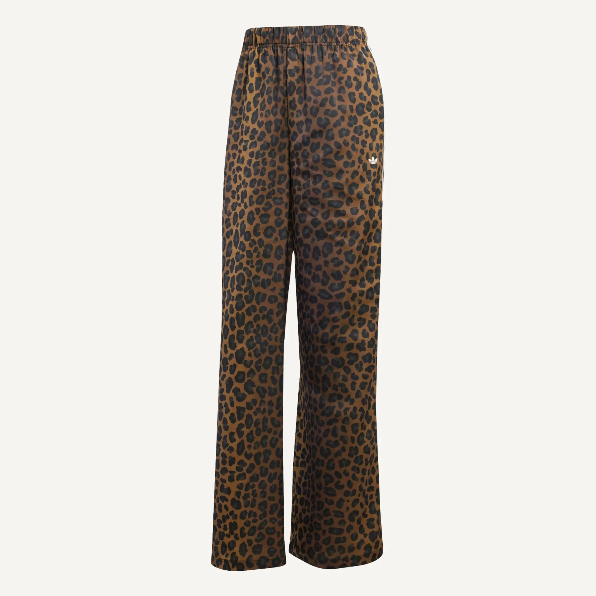 Women's Vintage Cheetah Print Satin Pants, Wide Leg Athletic Track Bottoms with an Embroidered Logo & Side Stripes, Reflective, Loose, Pockets, Fabric, Fitted, Light, Elastic, 3‑Stripe Track Look