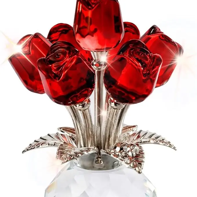 Synthetic Crystal Red Rose Collectible Desk Decoration, Small Statue with Glass Base for Collectors, Home Decor Ornament